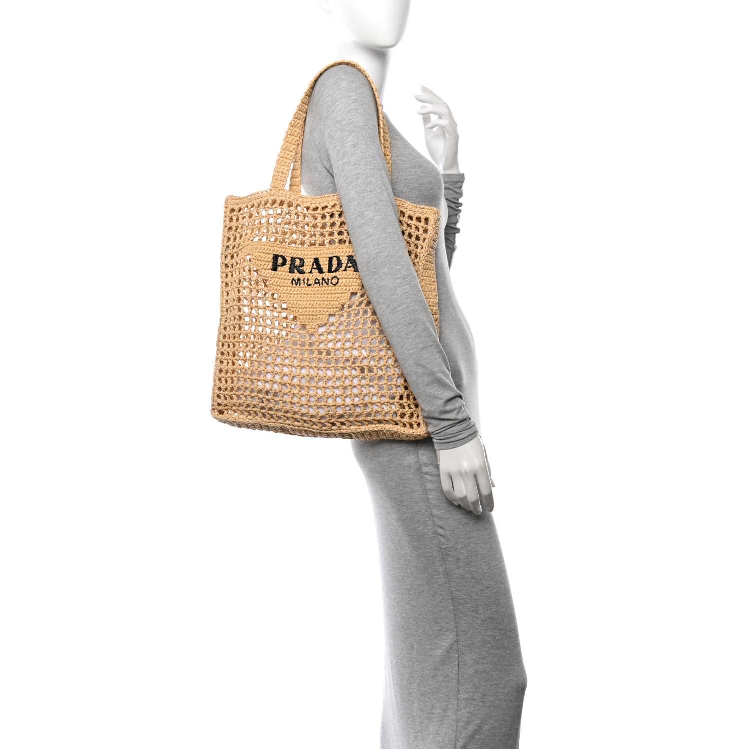 Prada Yarn Raffia Effect Crochet Logo Embroidered Tote Bag Naturale 2 of 10