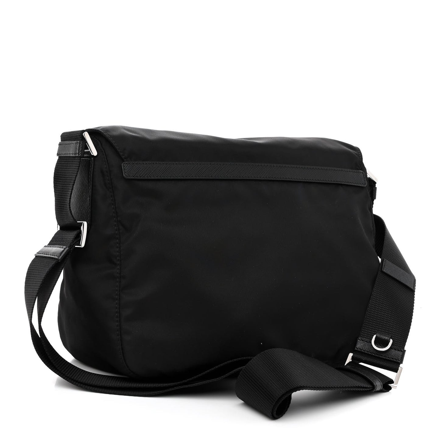 Re-Nylon Vela Saffiano Pocket Double Buckle Messenger Shoulder Bag Black