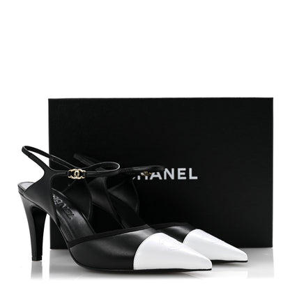 Chanel Lambskin Pointed Cap Toe CC Slingback Pumps 38 Black White 10 of 10