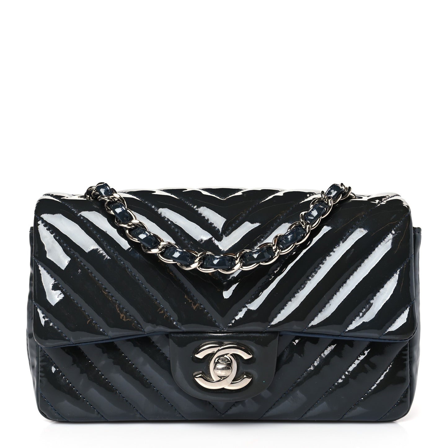 Patent Calfskin Chevron Quilted Mini Rectangular Flap Navy Blue