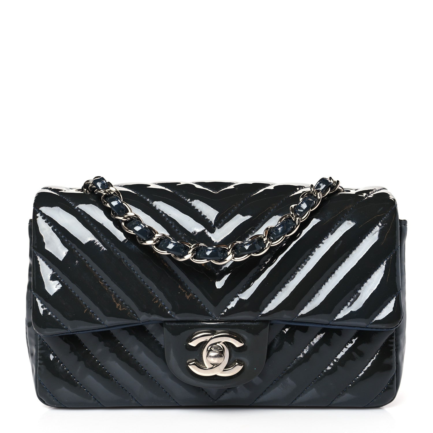 Chanel Patent Calfskin Chevron Quilted Mini Rectangular Flap Navy Blue 1 of 11
