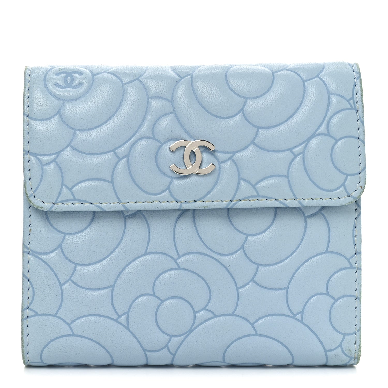 Chanel Lambskin Camellia Embossed Compact Wallet Light Blue