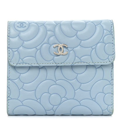 Chanel Lambskin Camellia Embossed Compact Wallet Light Blue 1 of 9
