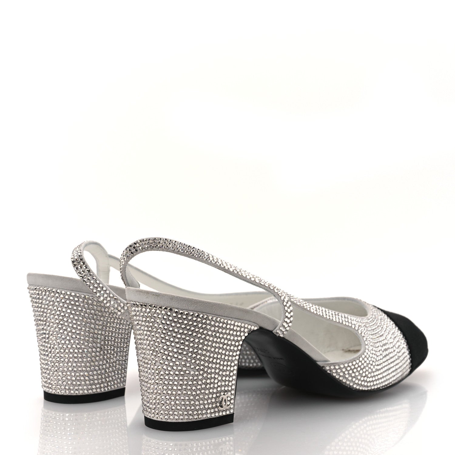 Chanel Strass Grosgrain Cap Toe CC Slingback Pumps 40.5 Silver Black 5 of 12