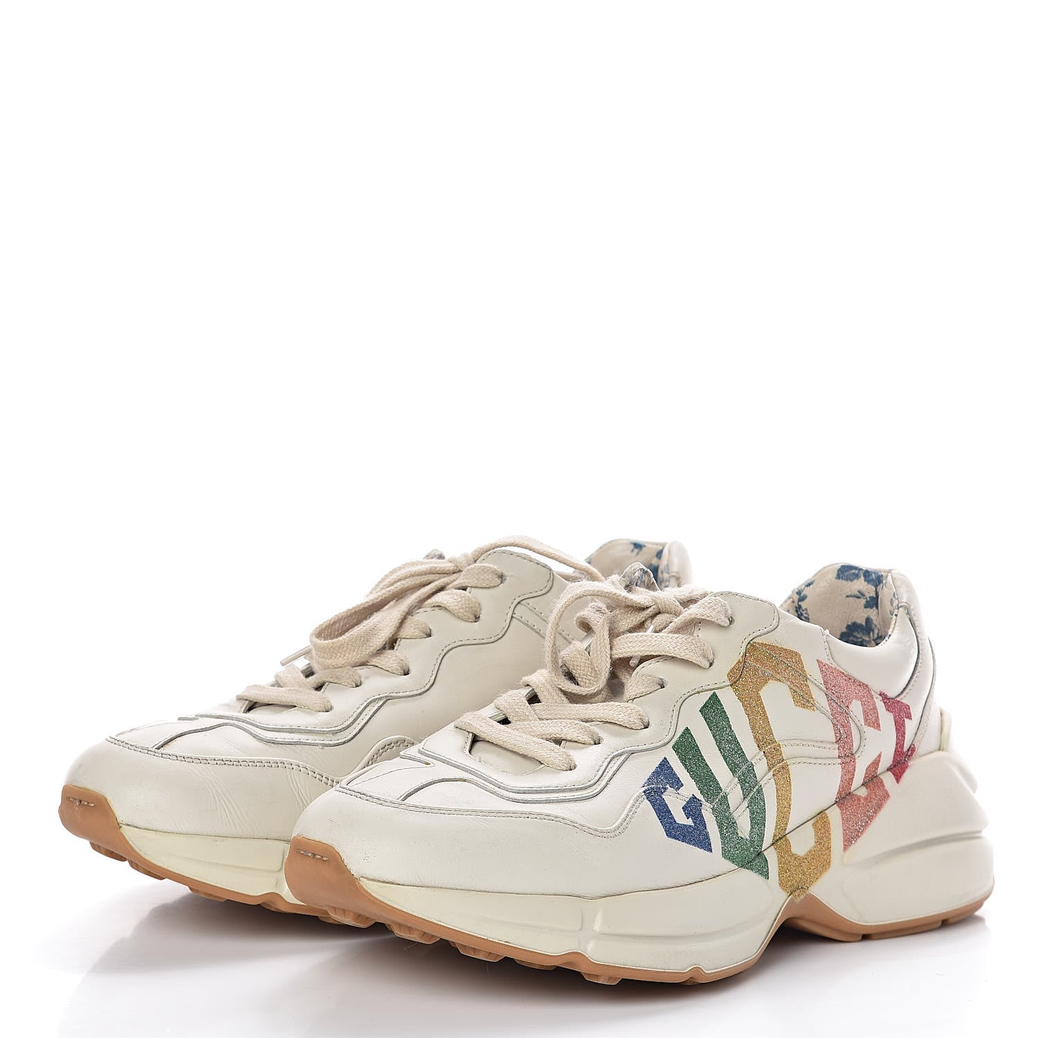 Gucci Calfskin Glitter Game Logo Womens Rhyton Sneakers 37.5 Mystic White 2 of 8