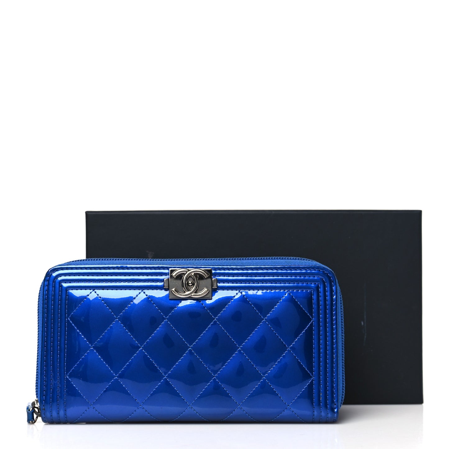Metallic Patent Calfskin Quilted Boy L-Gusset Zip Wallet Blue