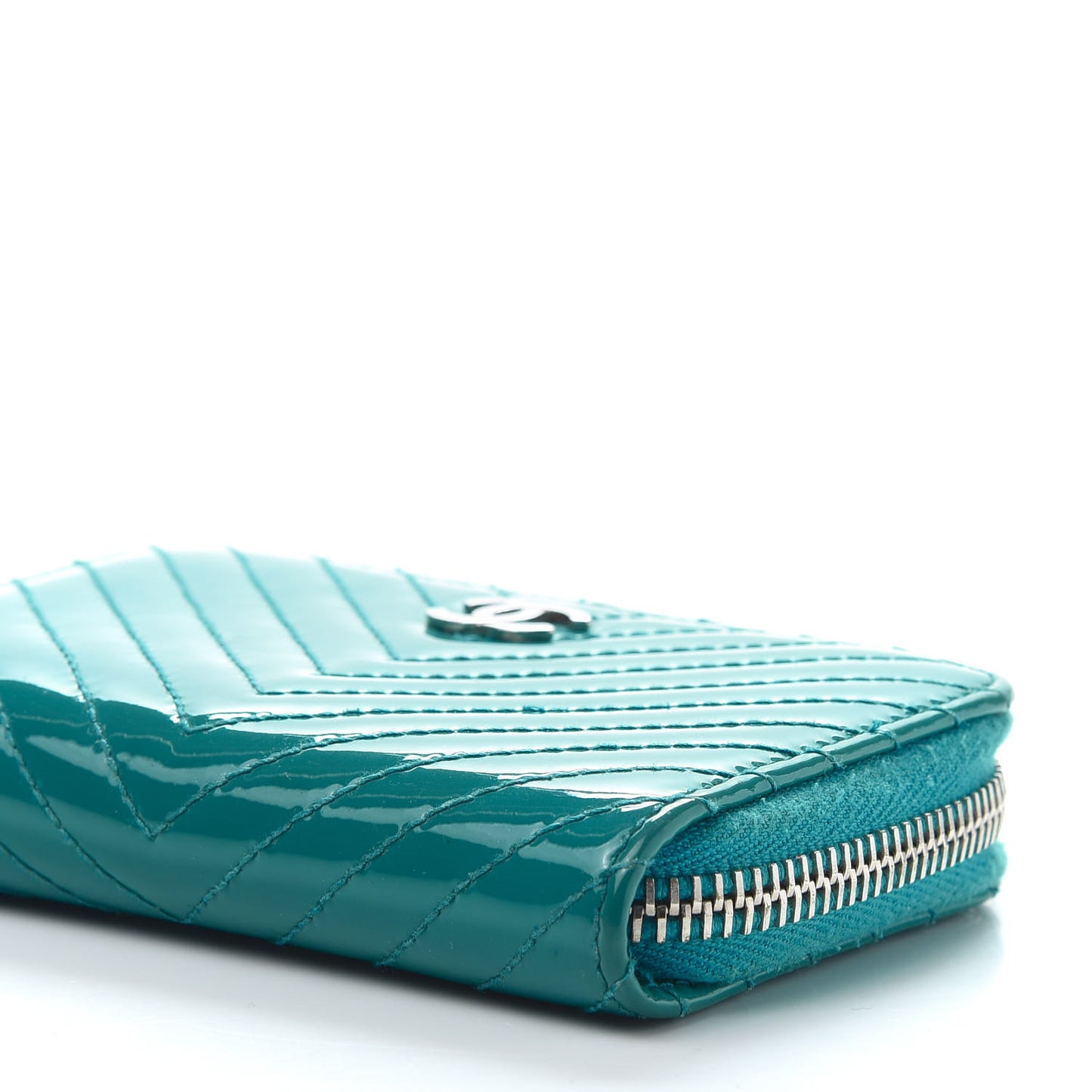 Patent Chevron Quilted Zip Around Coin Purse Turquoise
