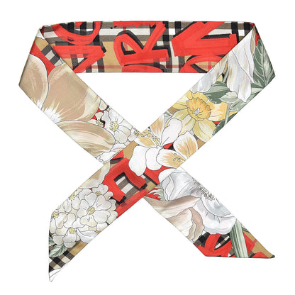 Burberry Silk Graffiti Print Floral Ribbon Scarf Bright Red 1 of 4