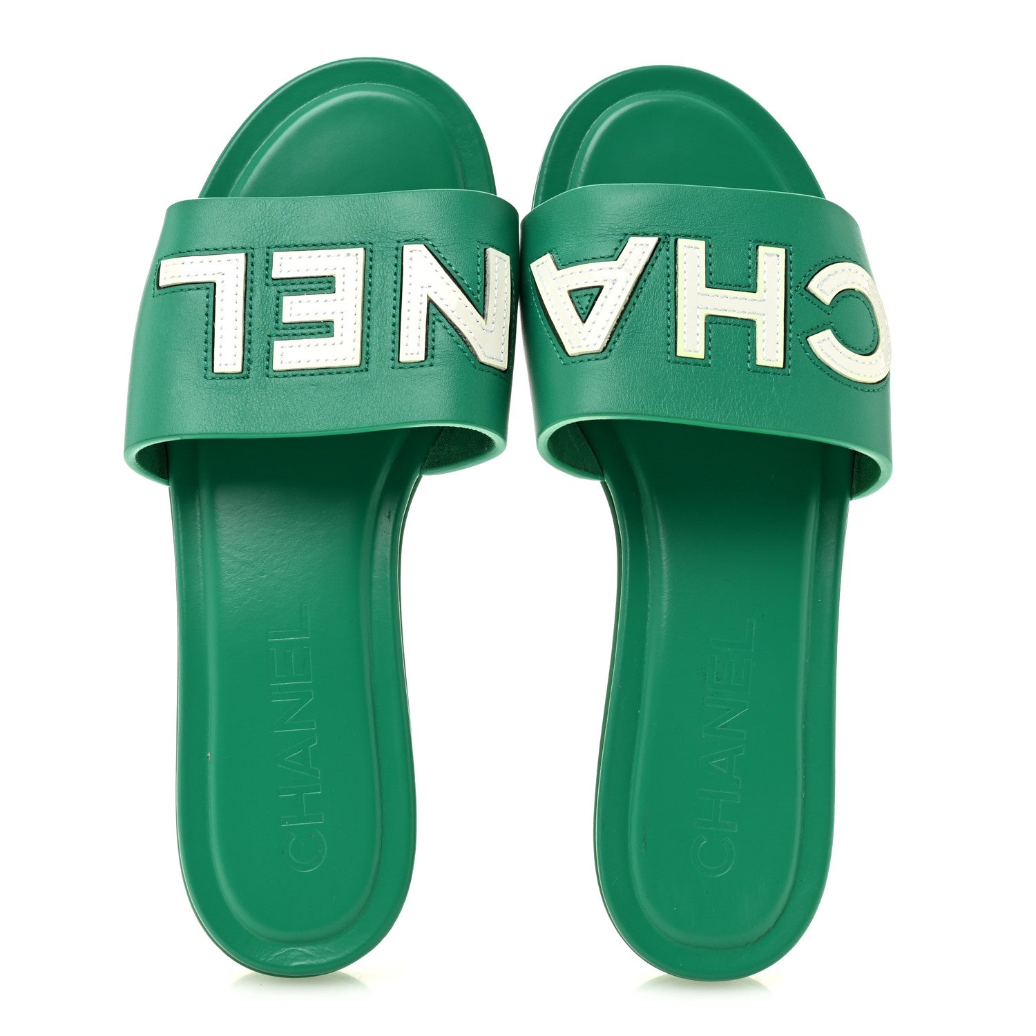 Chanel Calfskin Patent Calfskin Logo Mules 36 Green White 1885251