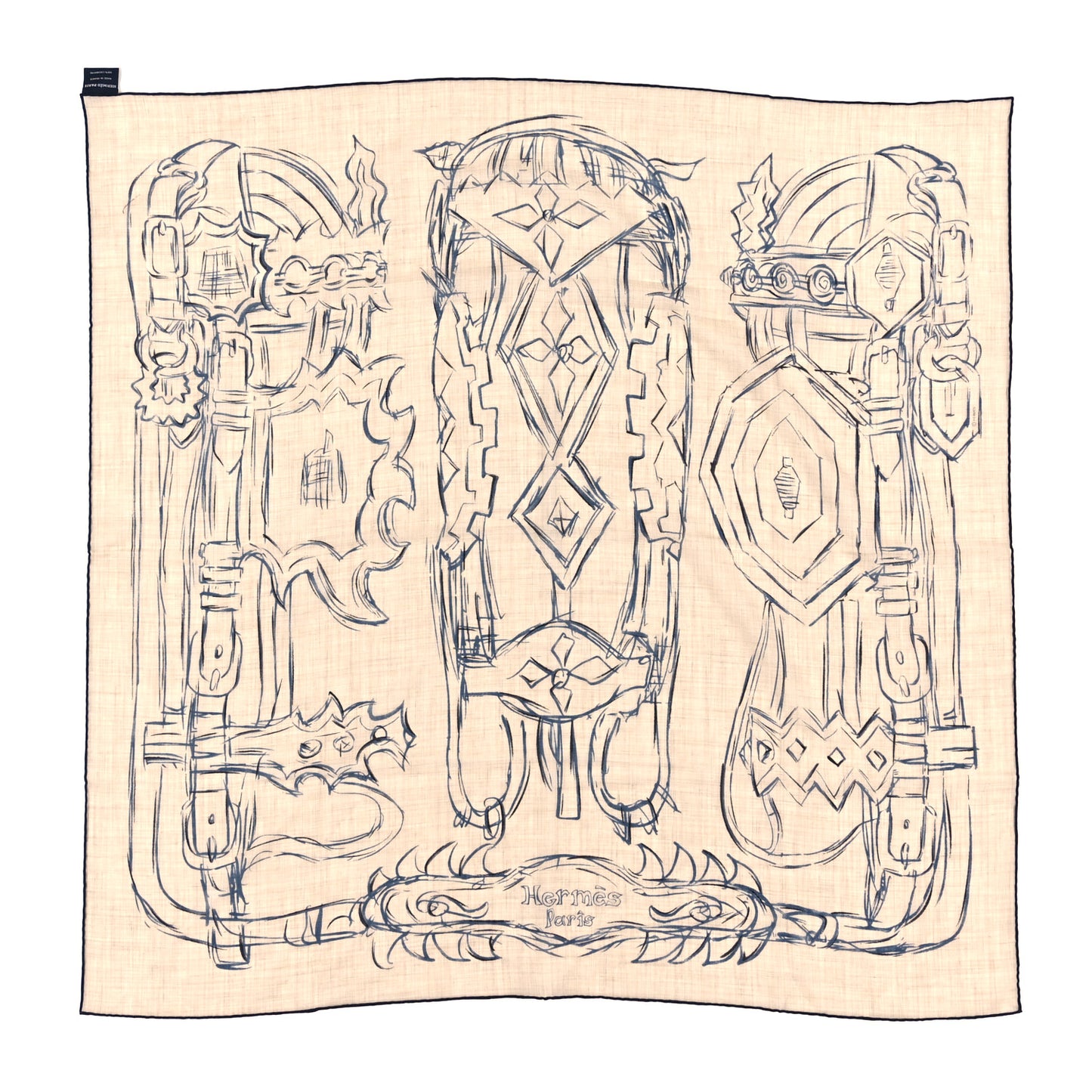 Cashmere Brides et Destin Esquisse Light Scarf 90 Beige Chine Marine Black