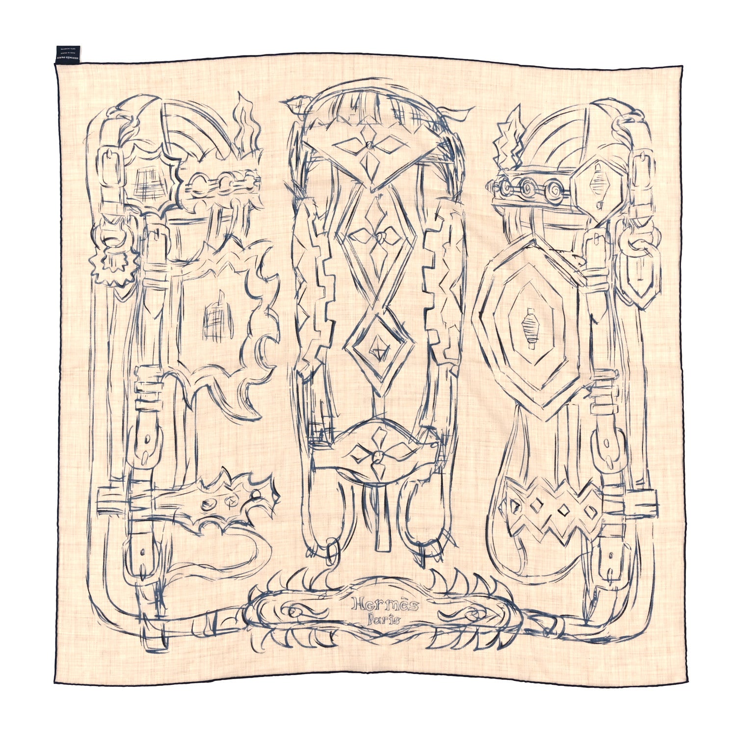 Hermes Cashmere Brides et Destin Esquisse Light Scarf 90 Beige Chine Marine Black 1 of 3
