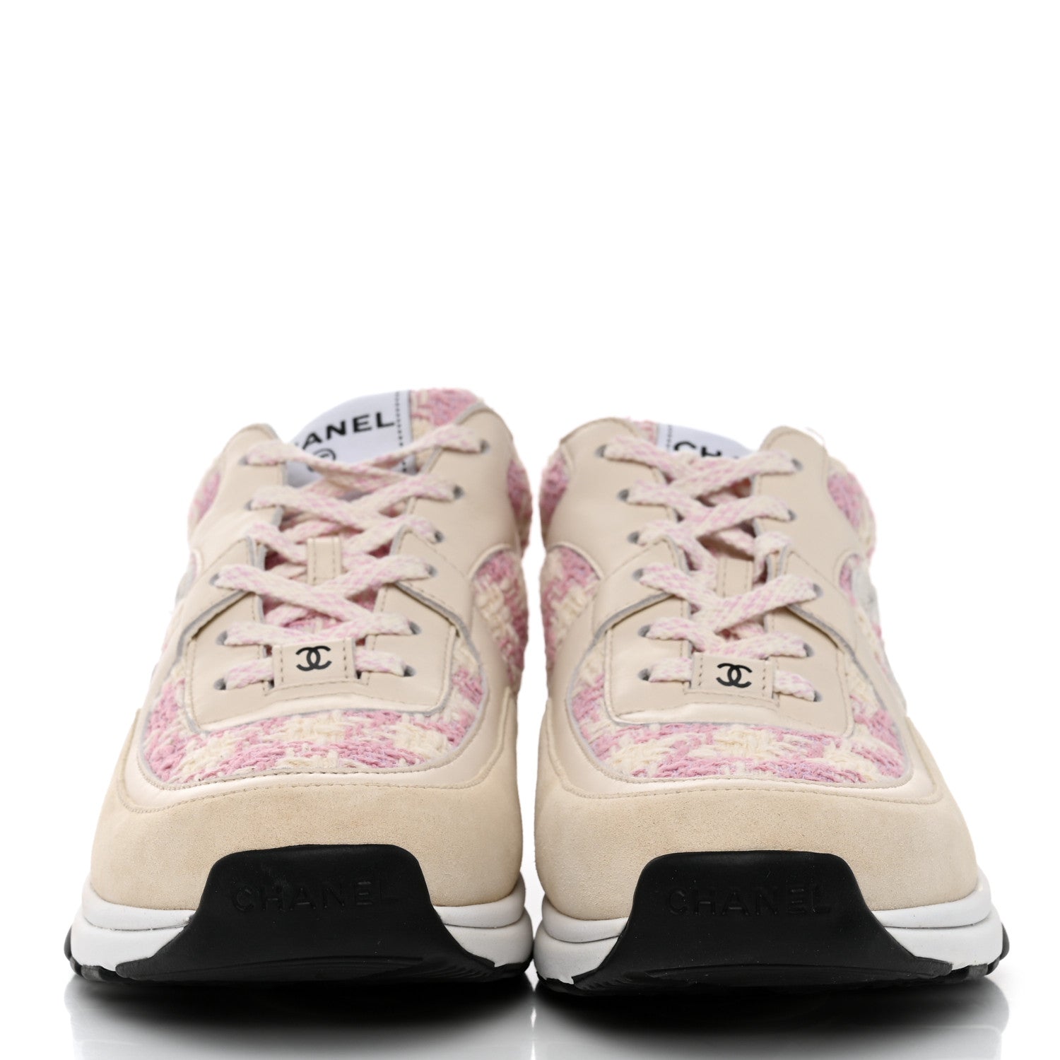 Chanel Tweed Suede Calfskin Womens CC Sneakers 39.5 Pink Ecru 2 of 9