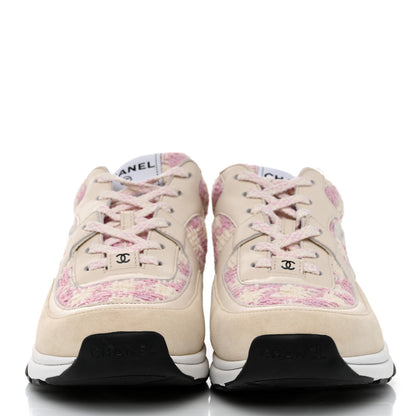 Chanel Tweed Suede Calfskin Womens CC Sneakers 39.5 Pink Ecru 2 of 9