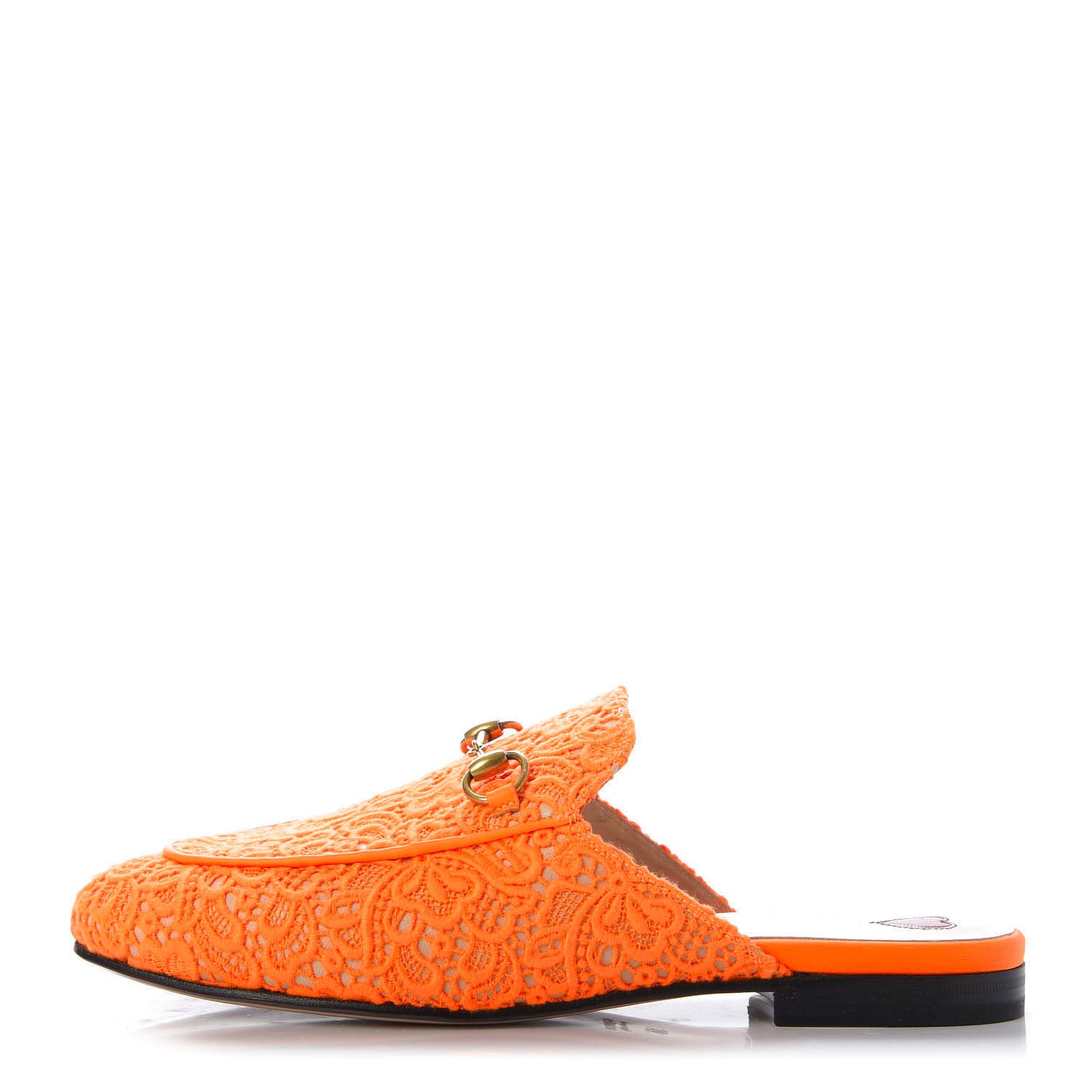 Gucci Lace Malaga Kid Womens Princetown Slippers 38 Orange Fluo Skin Rose 1 of 10