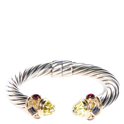 David Yurman Sterling Silver 14K Gold Garnet Iolite and Green Quartz 10mm Renaissance Cable Cuff 1 of 4
