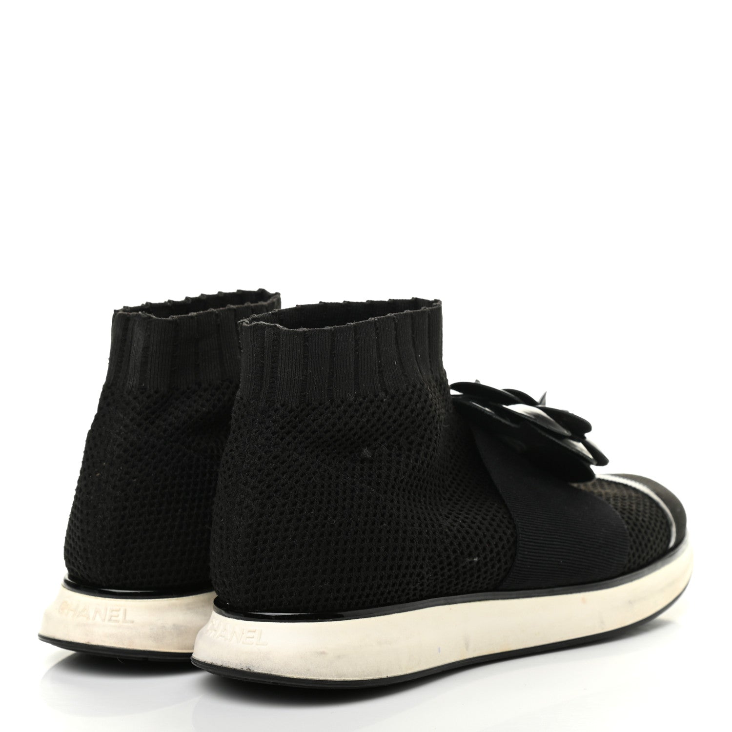 Chanel Knit Patent Calfskin Womens High Top Camellia Sneakers 36.5 Black 4 of 8