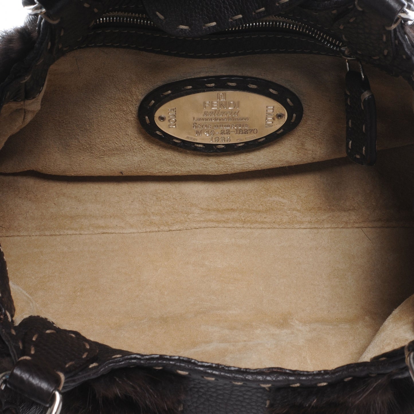 Mink Fur Calfskin Romano Selleria Shoulder Bag Brown