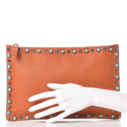 Valentino Garavani Grained Calfskin Turquoise Large Rockstud Rolling Zip Pouch Orange 2 of 8