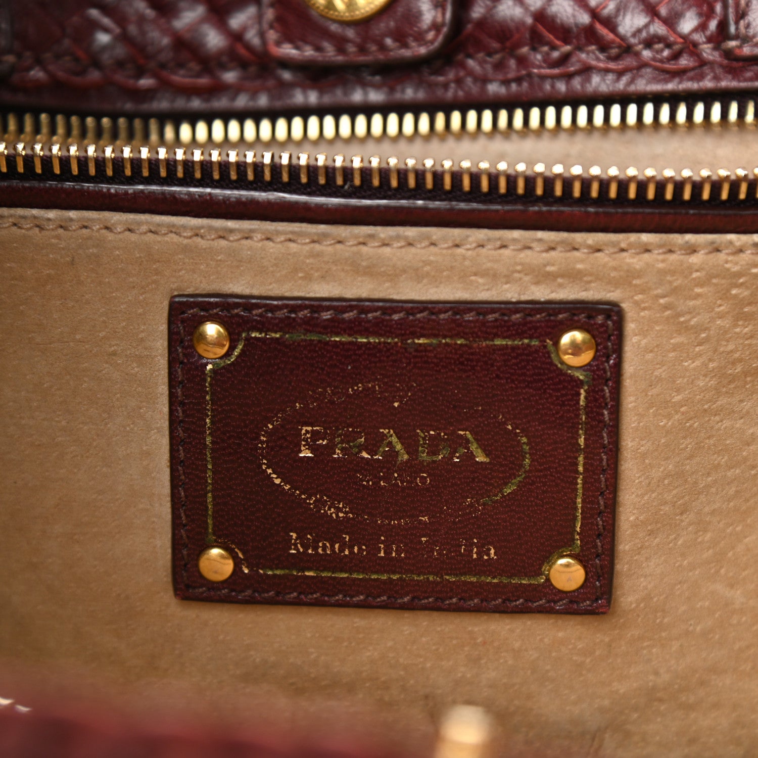 Prada Goatskin Woven Small Tote Burgundy 6 of 11