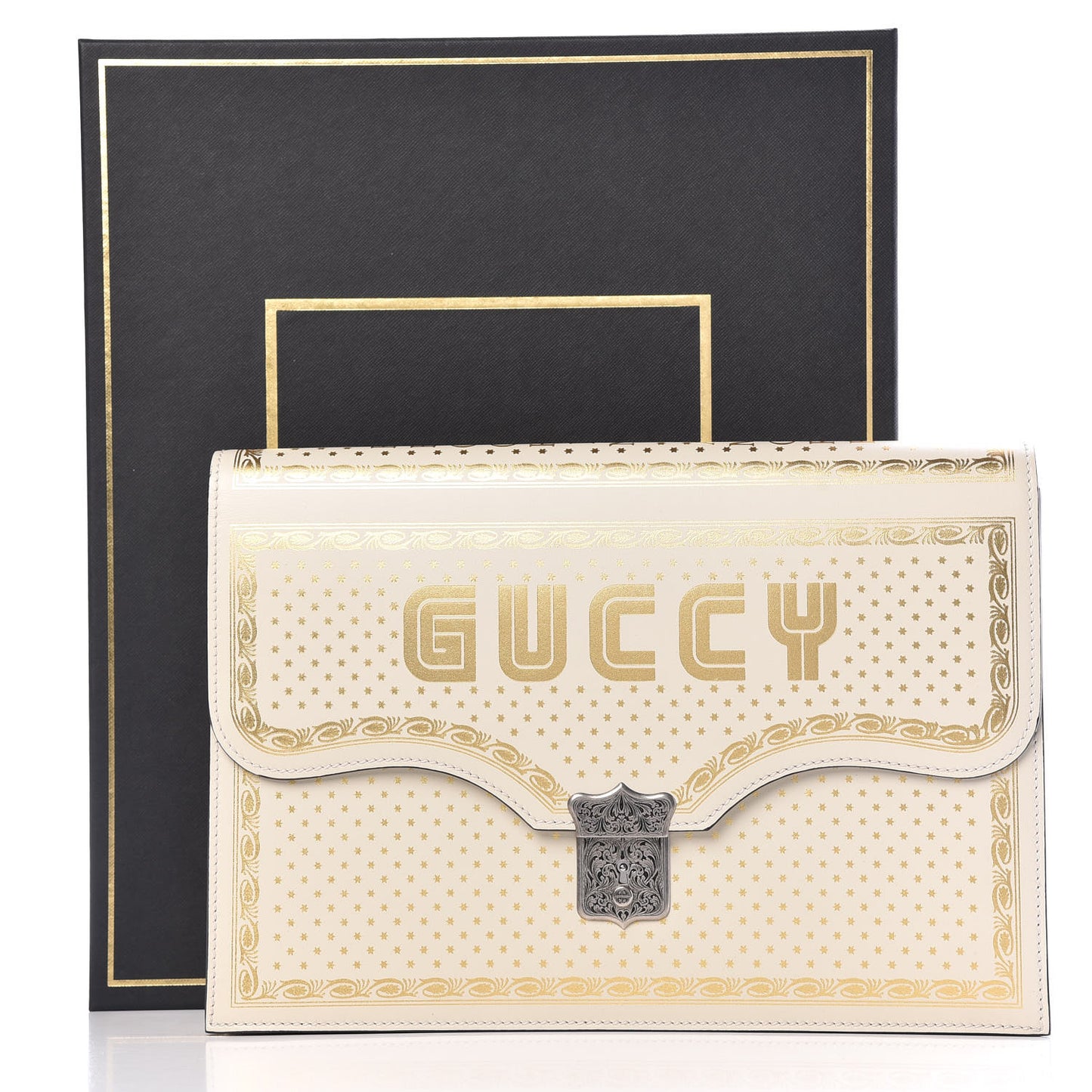 X SEGA Calfskin GUCCY Stars Portfolio Bag Mystic White Gold
