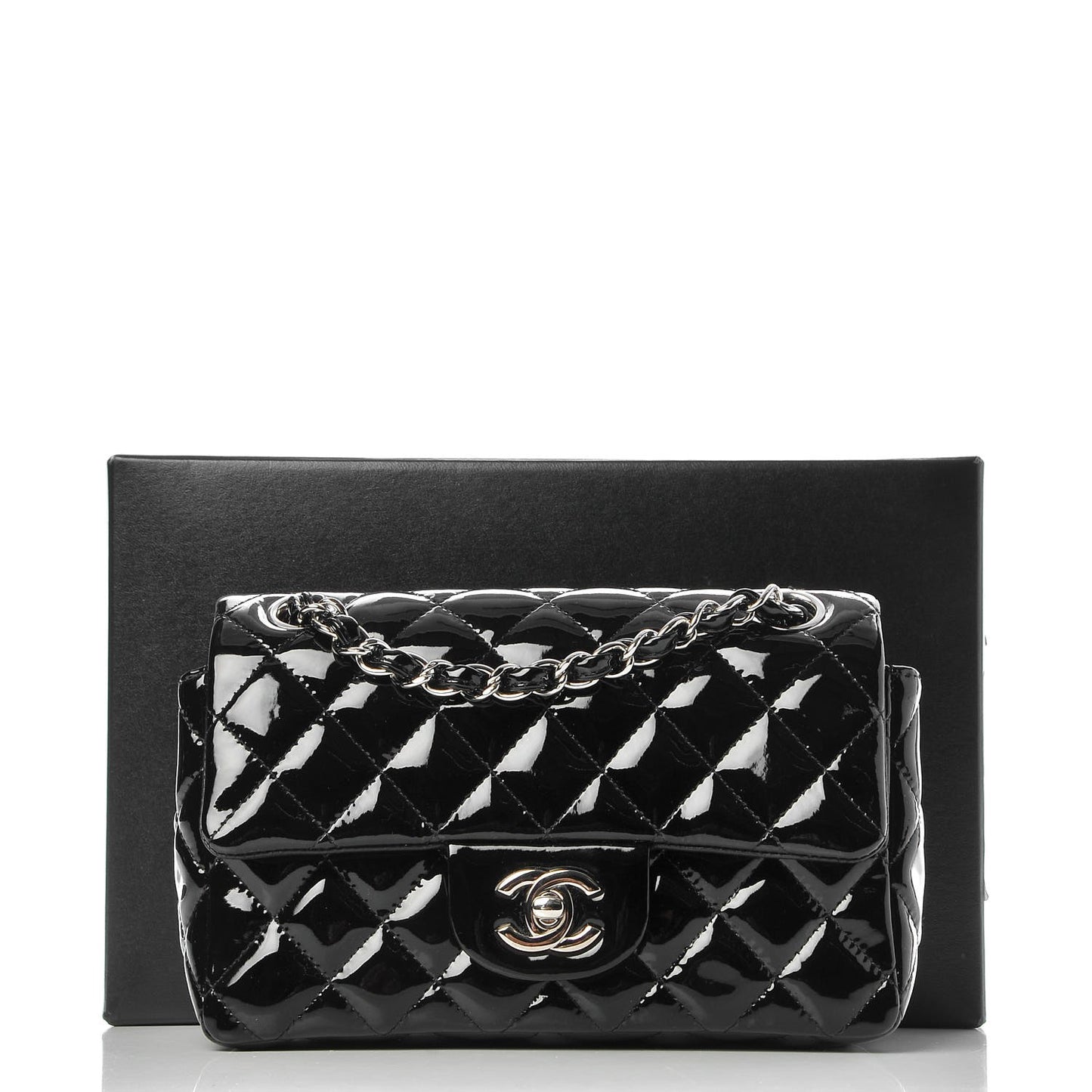 Patent Calfskin Quilted Mini Rectangular Flap Black