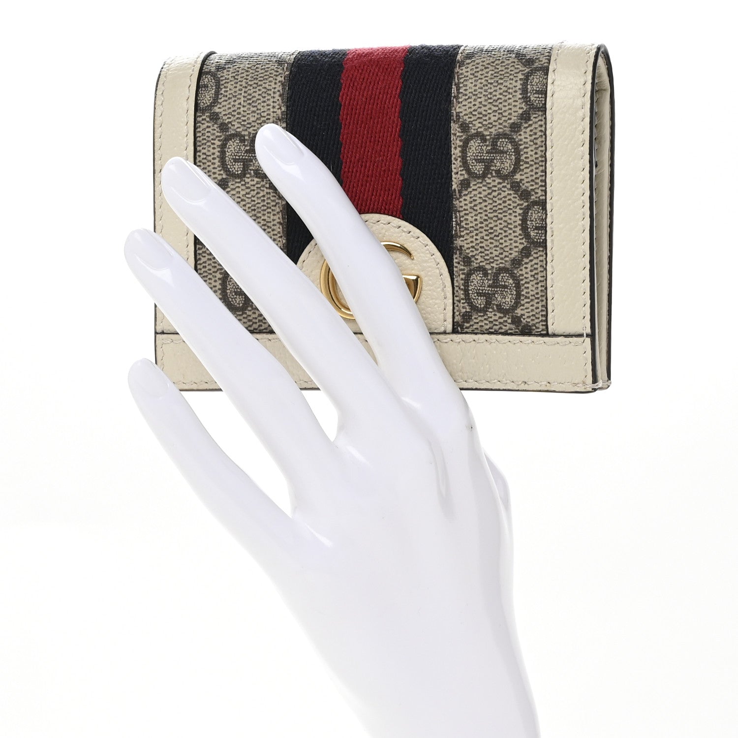 Gucci GG Supreme Monogram Textured Dollar Calfskin Web Ophidia Card Case Beige Ebony Mystic White 2 of 10