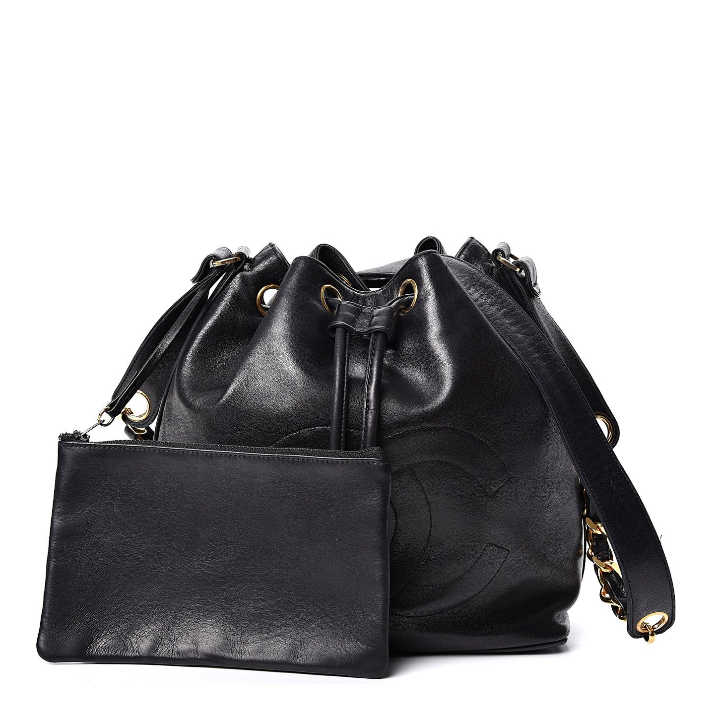 Lambskin CC Stitched Drawstring Bucket Bag Black