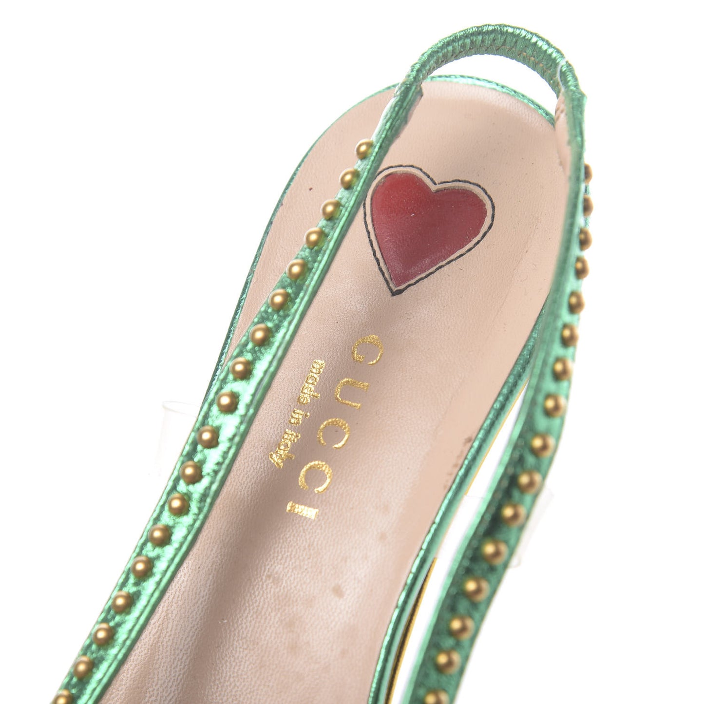 Metallic Calfskin Studded Unia Pointed Toe Low Heel Slingback Pumps 35.5 Green