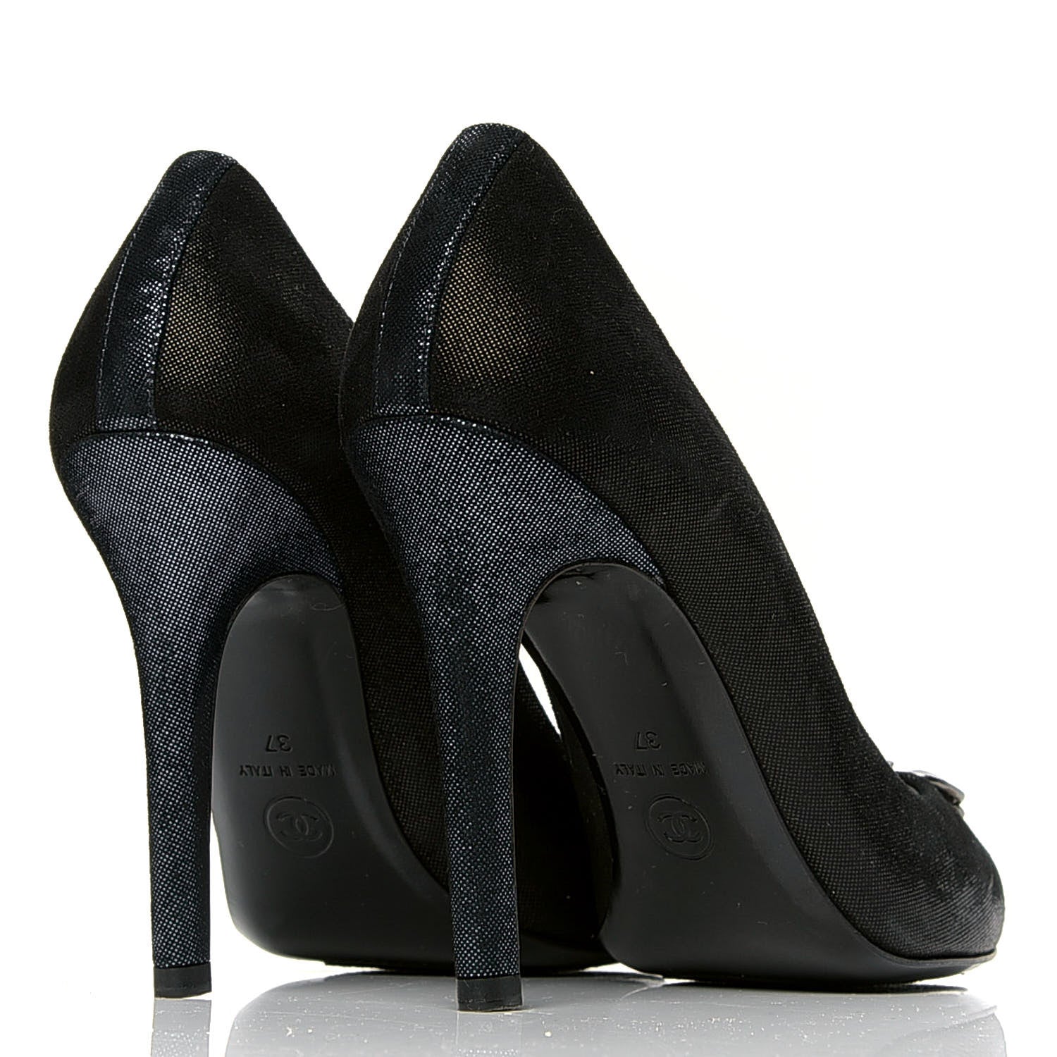 Chanel Metallic Fabric Jewel Cap Toe Pumps 37 Black Blue 3 of 6
