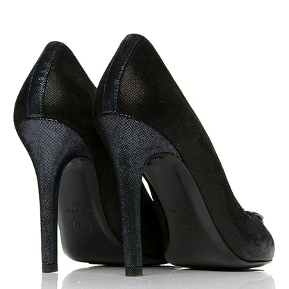 Chanel Metallic Fabric Jewel Cap Toe Pumps 37 Black Blue 3 of 6