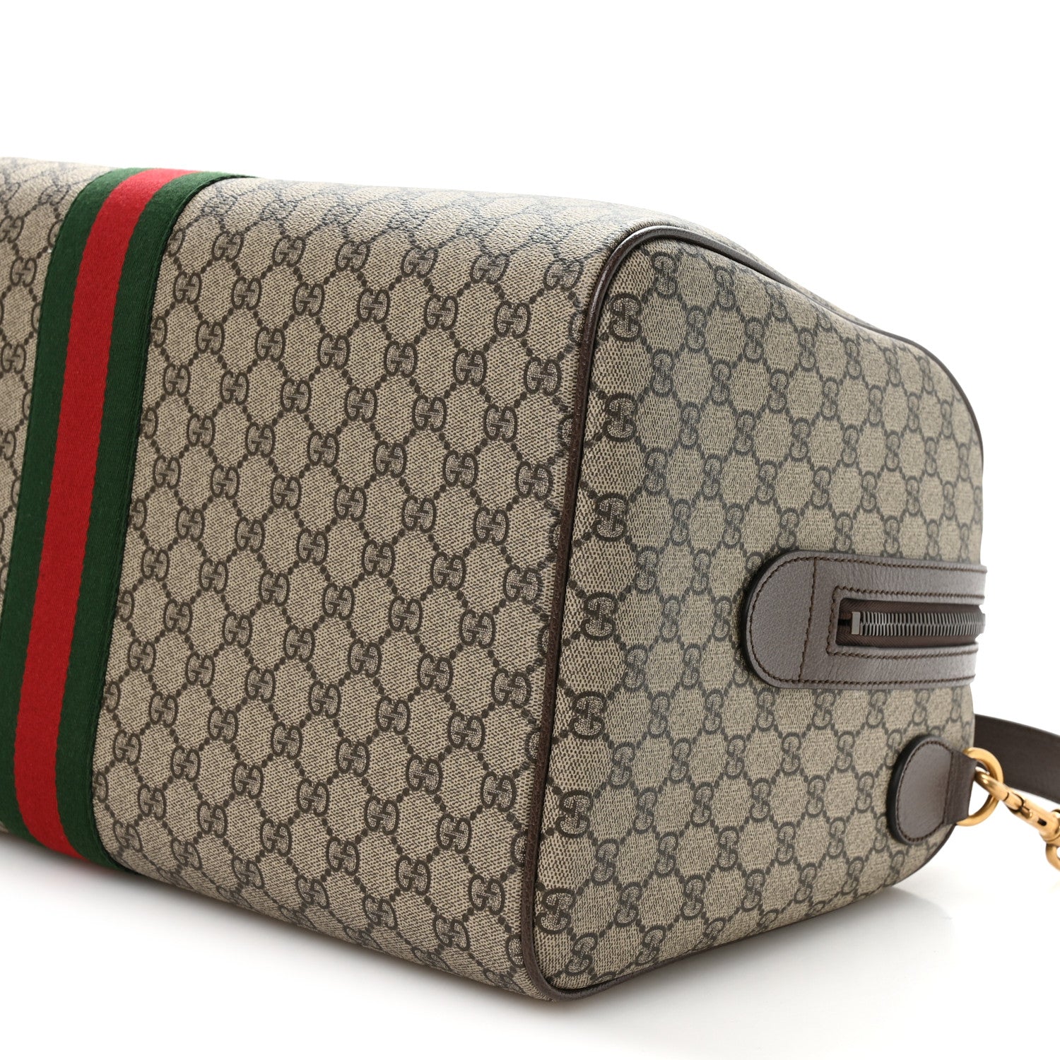 Gucci GG Supreme Monogram Textured Dollar Calfskin Web Medium Savoy Duffle Bag Beige Dark Brown 9 of 9