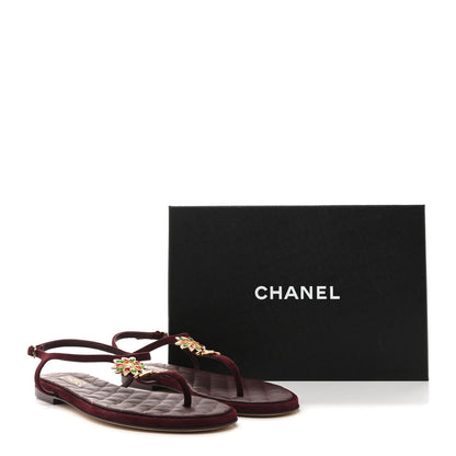 Chanel Suede Calfskin CC Crystal Thong Sandals 40.5 Burgundy 10 of 10