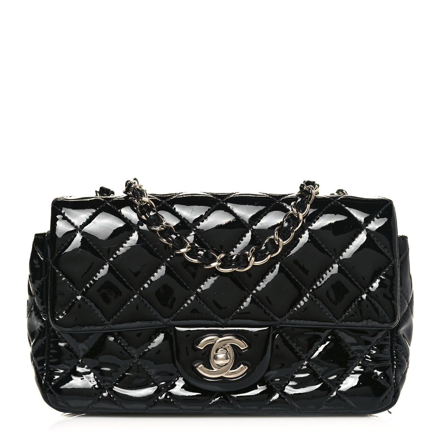 Patent Calfskin Quilted Mini Rectangular Flap Black