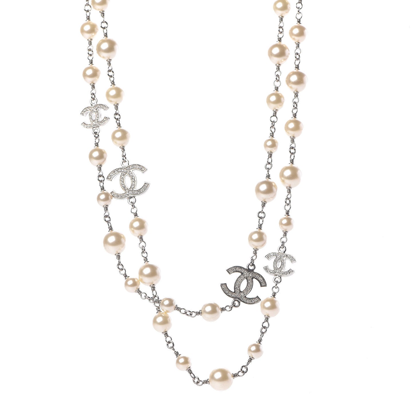 Graduated Pearl Crystal CC Long Necklace Silver Pearly White