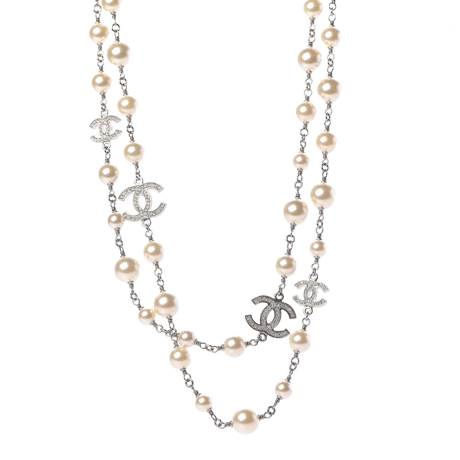 Chanel Graduated Pearl Crystal CC Long Necklace Silver Pearly White 1 of 8