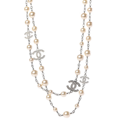Chanel Graduated Pearl Crystal CC Long Necklace Silver Pearly White 1 of 8