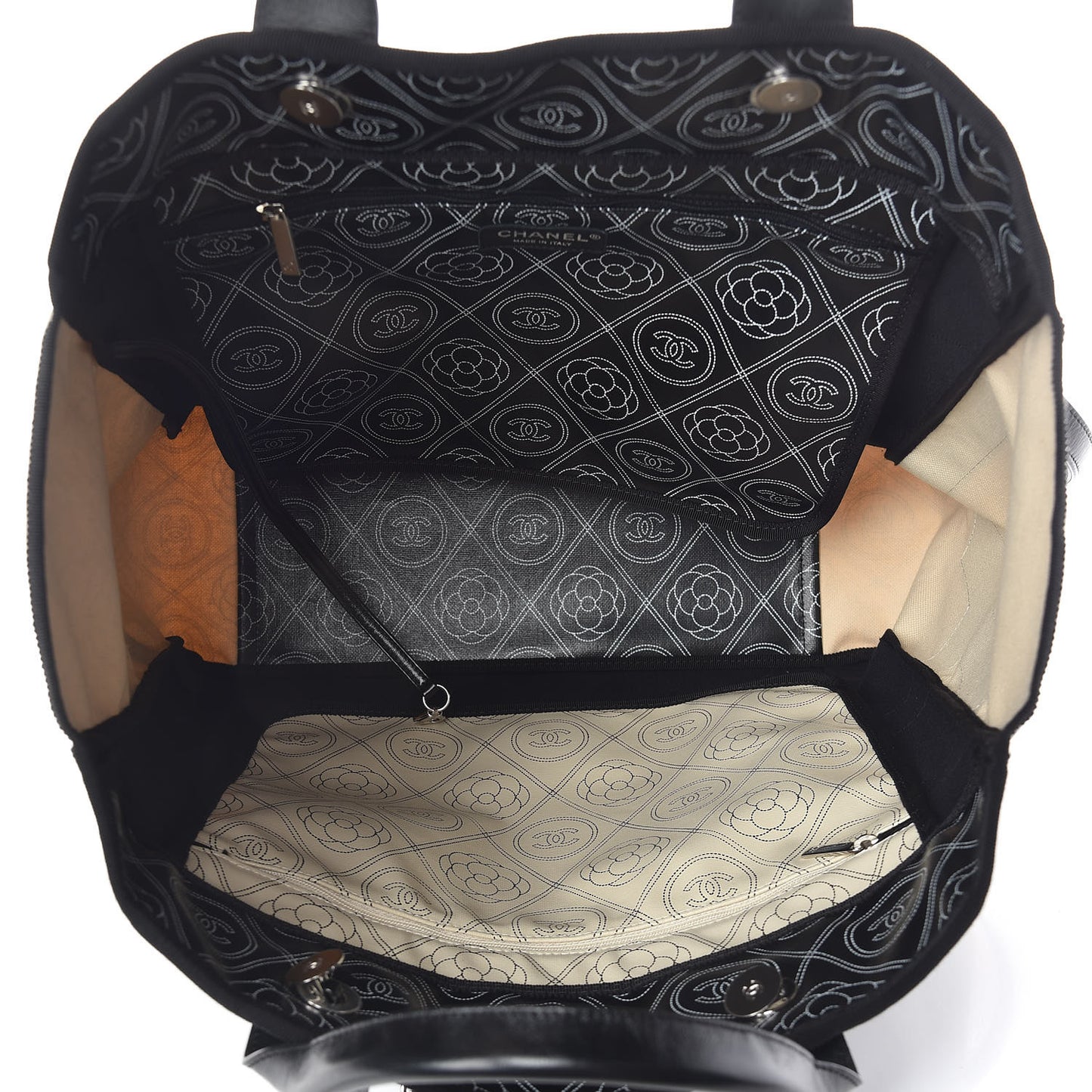 Coated Canvas Camellia Medium Shopping Tote Black Beige