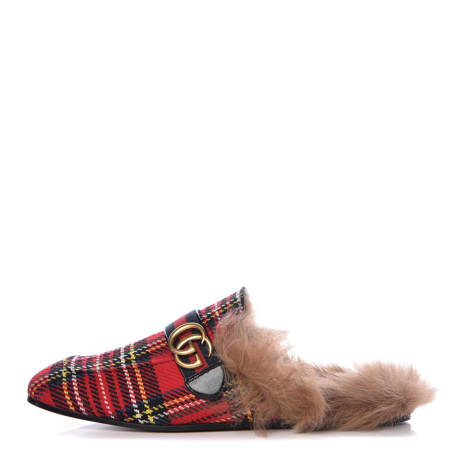 Gucci Tartan Fur Web GG Mens Princetown Slippers 10 Red 1 of 8