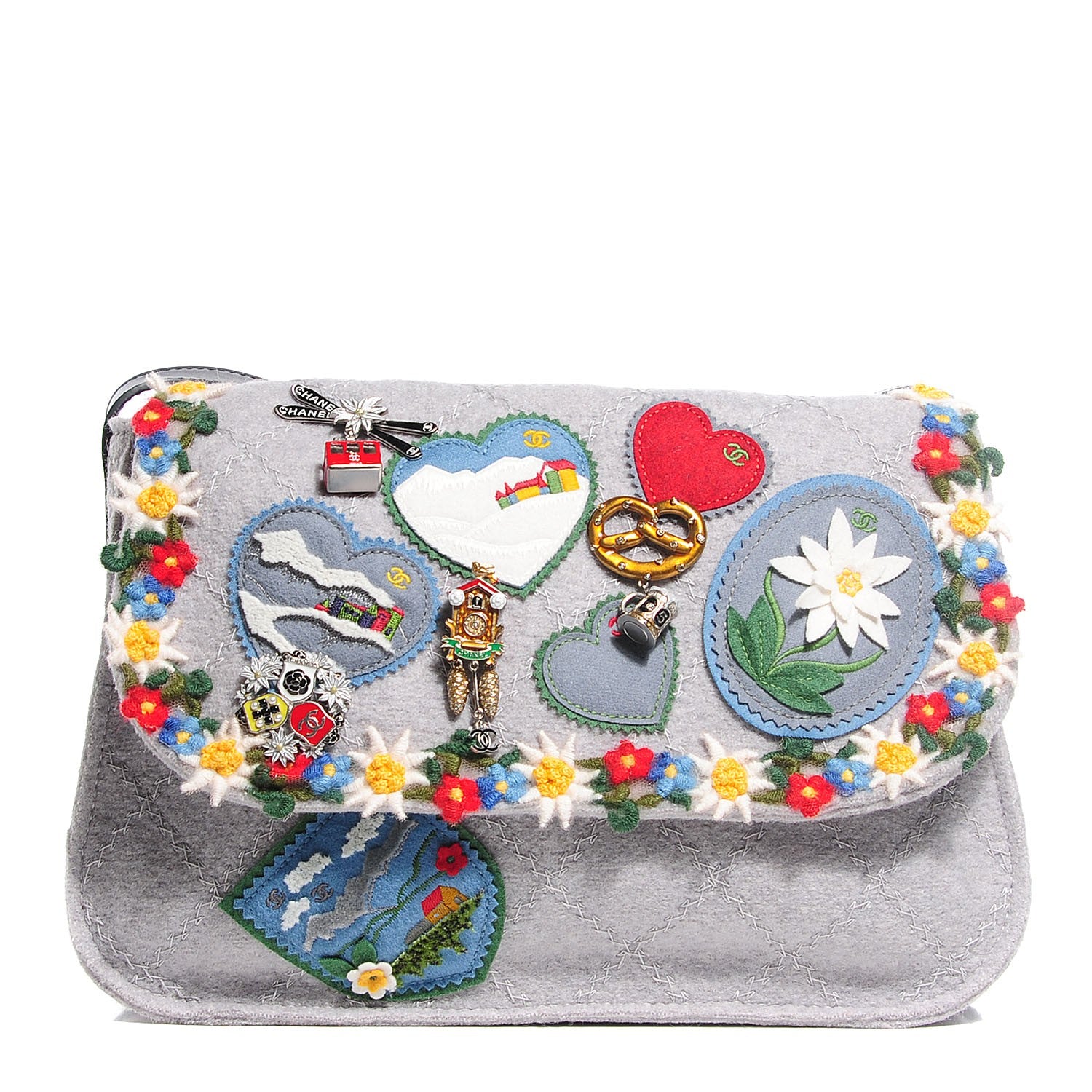 Chanel Felt Embroidered Small Crest Austrian Satchel Grey 1 of 6