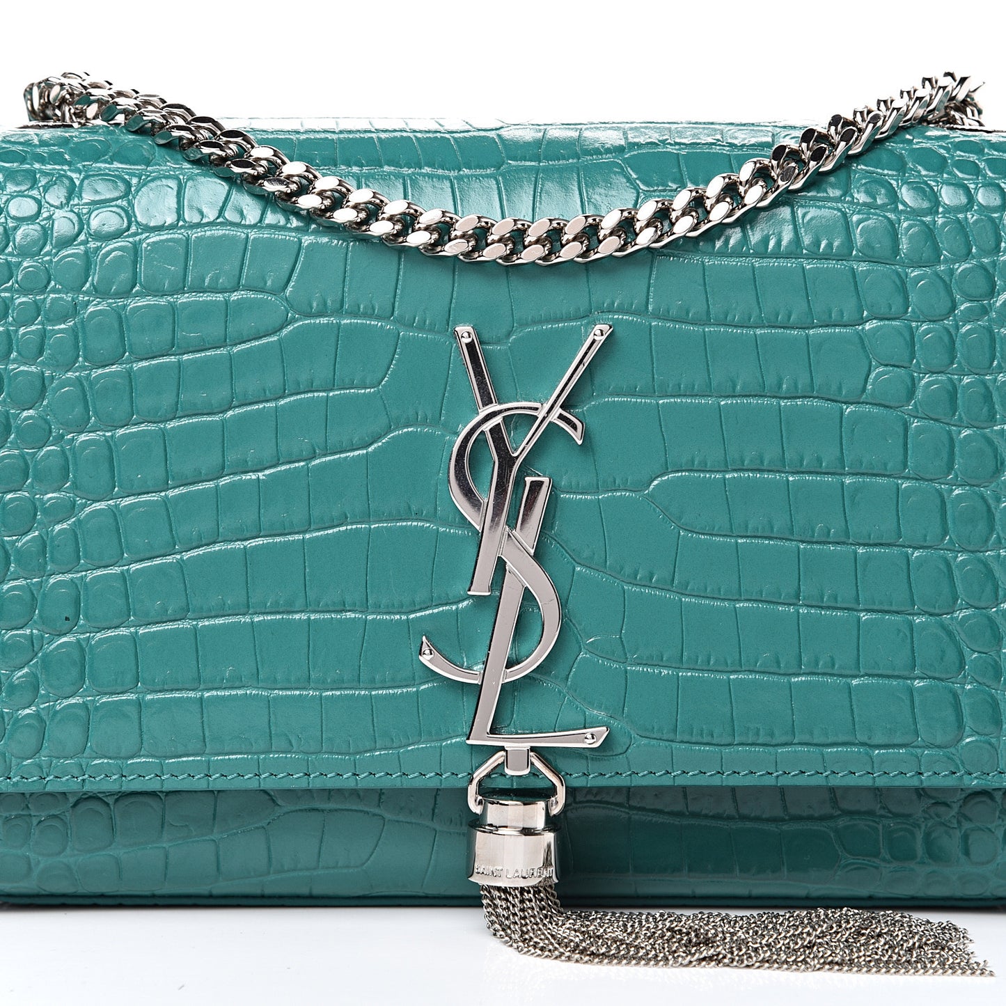 Calfskin Crocodile Embossed Monogram Small Kate Tassel Satchel Green