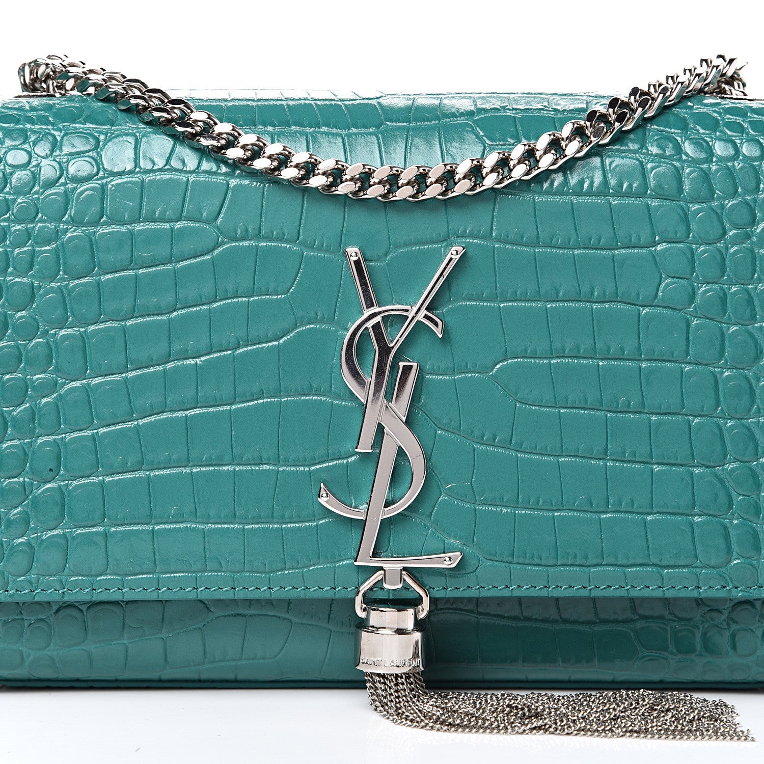 Saint Laurent Calfskin Crocodile Embossed Monogram Small Kate Tassel Satchel Green 7 of 9