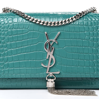 Saint Laurent Calfskin Crocodile Embossed Monogram Small Kate Tassel Satchel Green 7 of 9