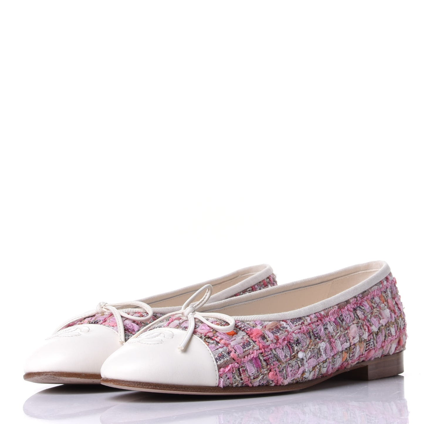 Tweed Calfskin Cap Toe Ballerina Flats 38 Pink