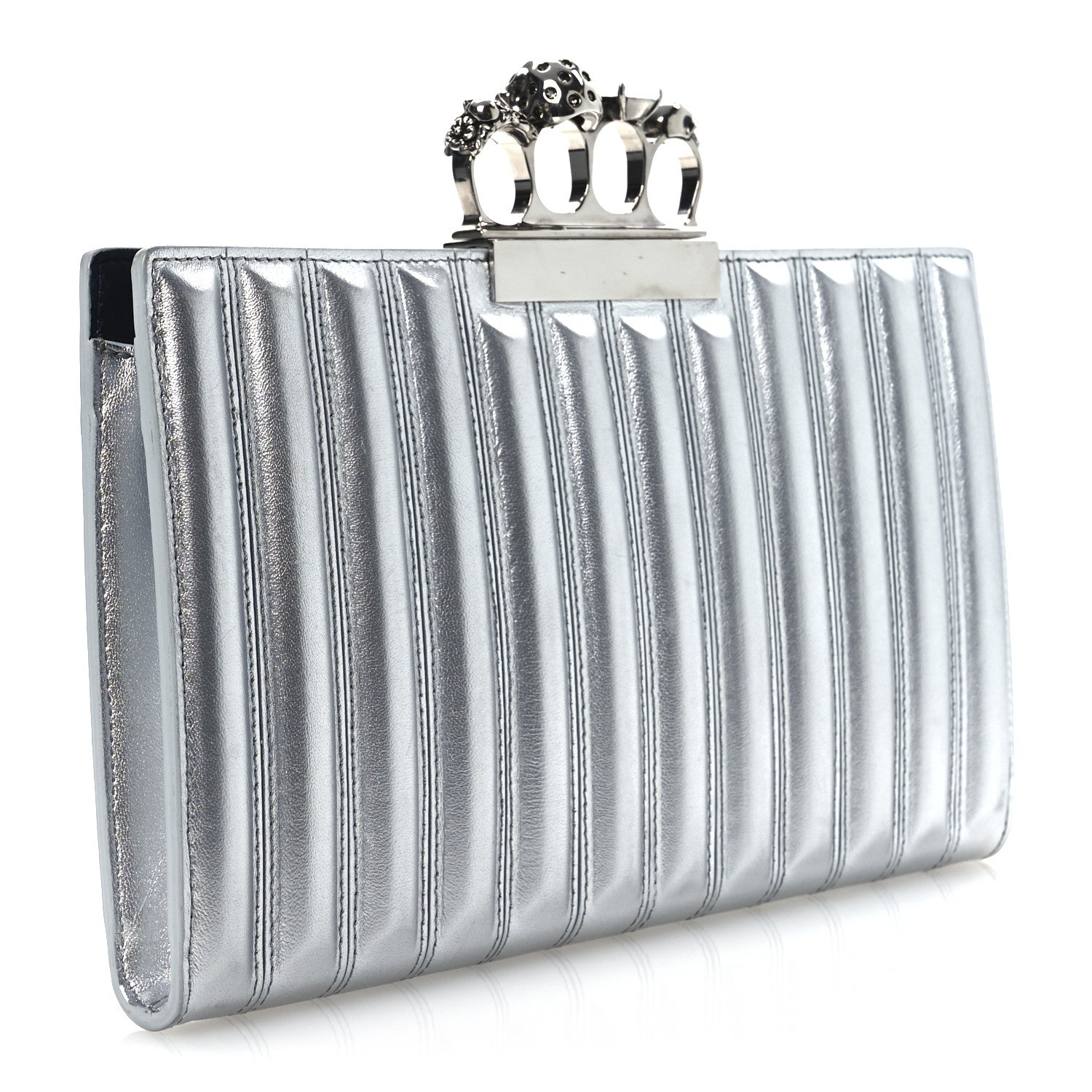 Alexander McQueen Metallic Calfskin Quilted Four Ring Knuckle Flat Clutch Silver 3 of 13