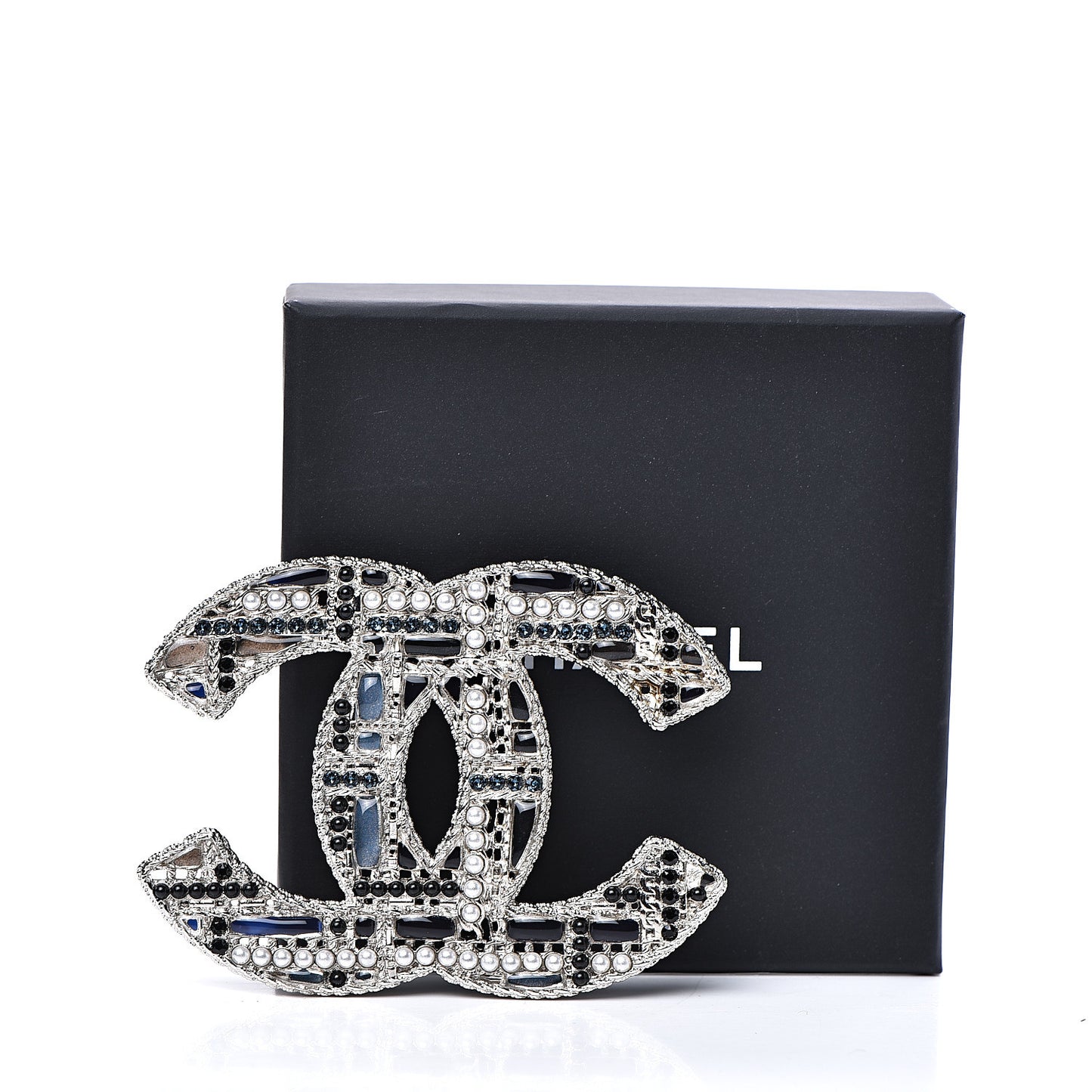 Crystal Pearl CC Tweed Brooch Silver Black