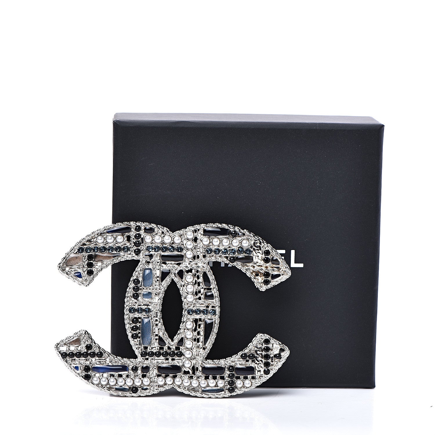 Chanel Crystal Pearl CC Tweed Brooch Silver Black 5 of 5