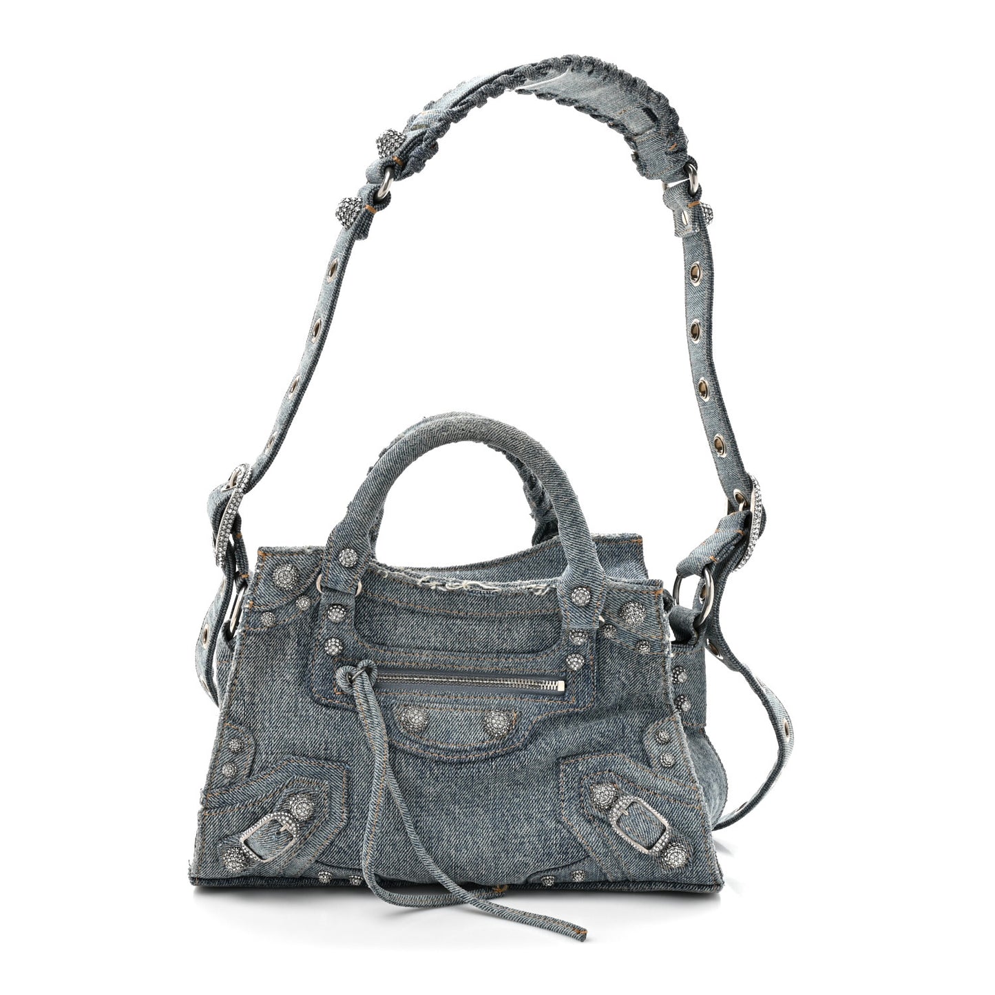Washed Frayed Denim Crystal Neo Cagole Handbag XS Blue