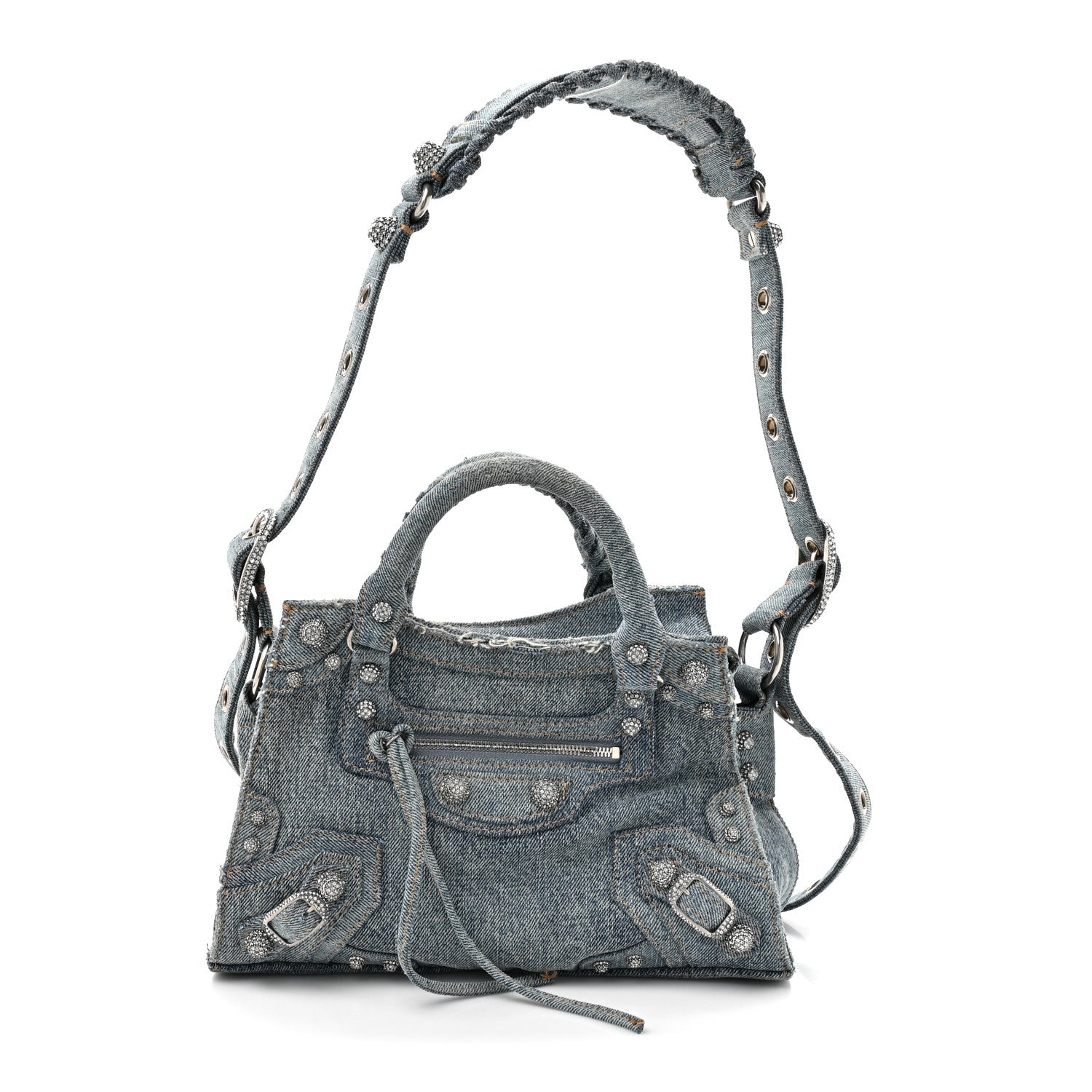 Balenciaga Washed Frayed Denim Crystal Neo Cagole Handbag XS Blue 1 of 11