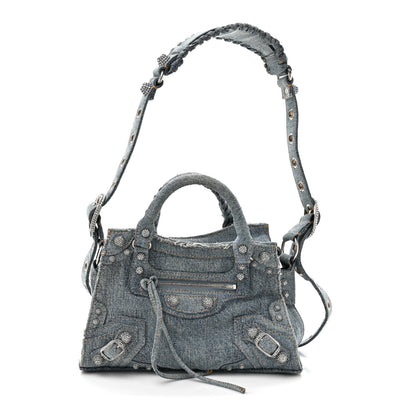 Balenciaga Washed Frayed Denim Crystal Neo Cagole Handbag XS Blue 1 of 11