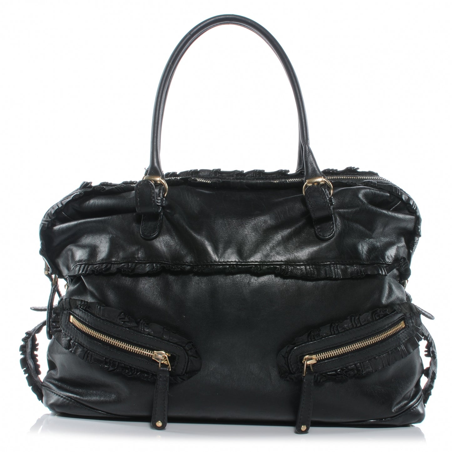 Leather Ruffle Sabrina Boston Tote Black
